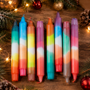 Acht bunte Dip-Dye-Stabkerzen mit Farbverläufen auf einem Holztisch, umgeben von Tannenzweigen, Christbaumkugeln und Lichterketten
