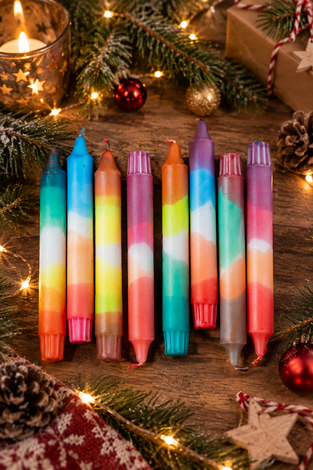 Acht bunte Dip-Dye-Stabkerzen mit Farbverläufen auf einem Holztisch, umgeben von Tannenzweigen, Christbaumkugeln und Lichterketten