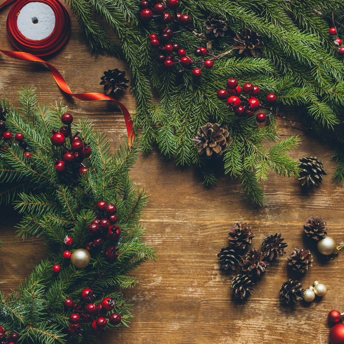 Tannenzweige mit roten Beeren als Material für einen selbstgebundenen Adventskranz